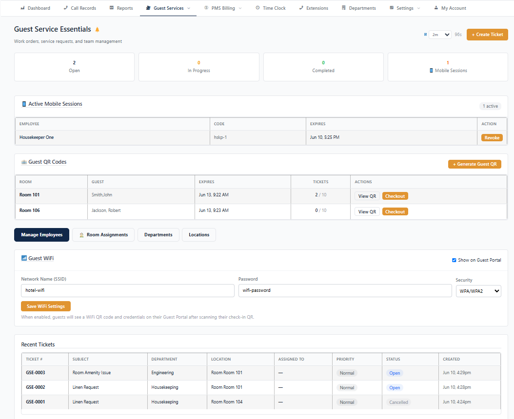 GSE ticket queue showing routed guest requests