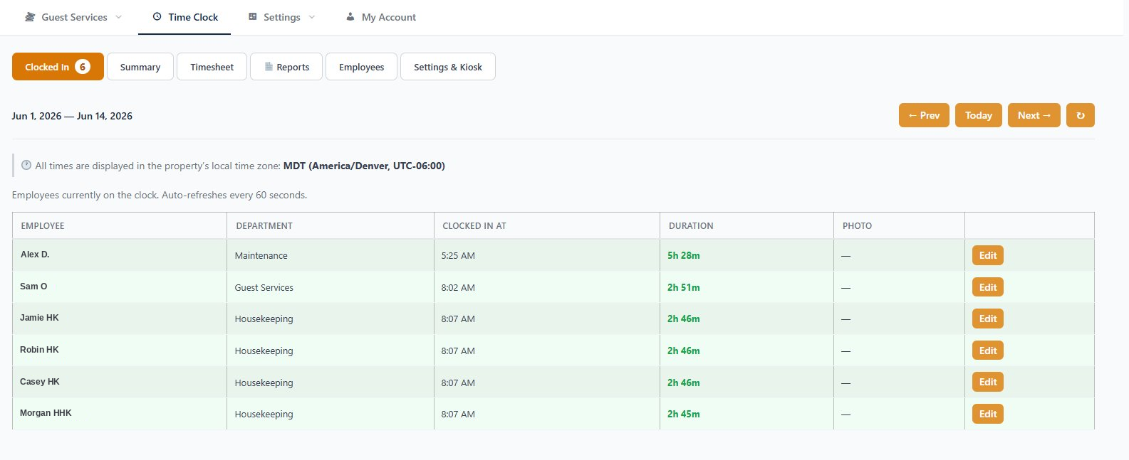 CAS-ia Time Clock pay-period summary screen